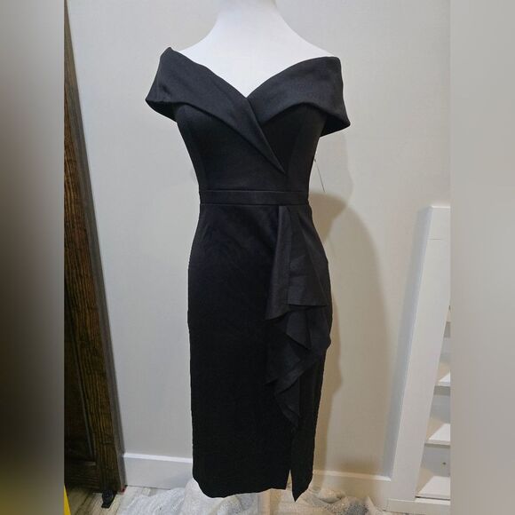 Xscape Jessie Short Scuba Off the Shoulder Ruffle Dress NWOT Size 4 Black - Picture 3 of 5